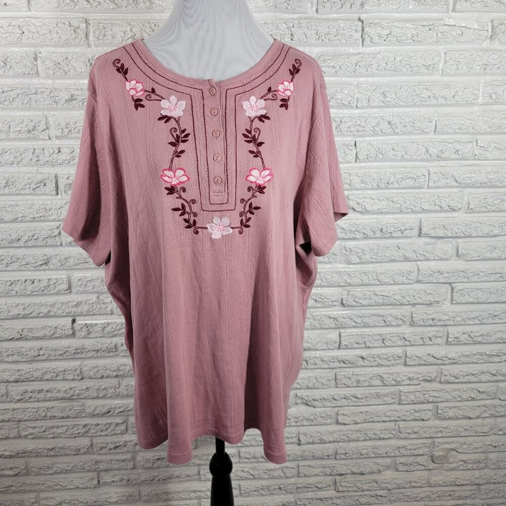Woman Within 2X Pink Eyelet Embroidered Top Short Sleeve Cotton Blouse PIN31E